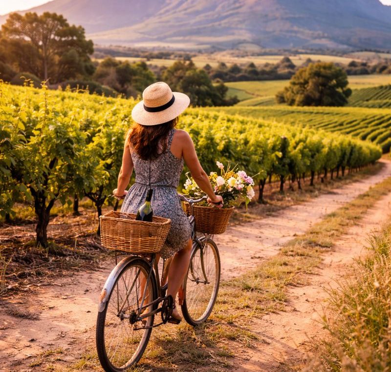 Mujer con bicicleta en viñedo