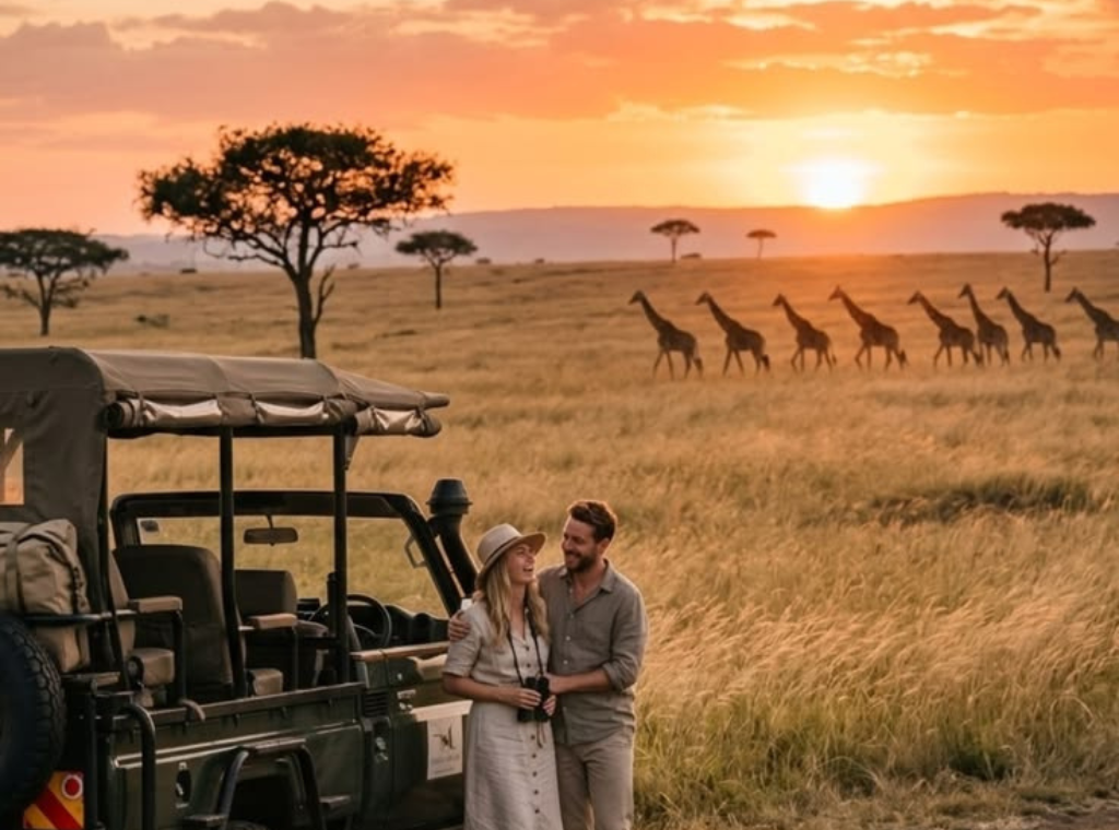 pareja observando el amanecer desde un alojamiento con vistas a la sabana.