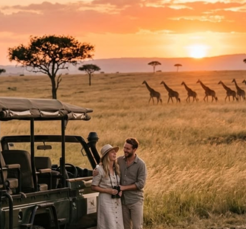 pareja observando el amanecer desde un alojamiento con vistas a la sabana.